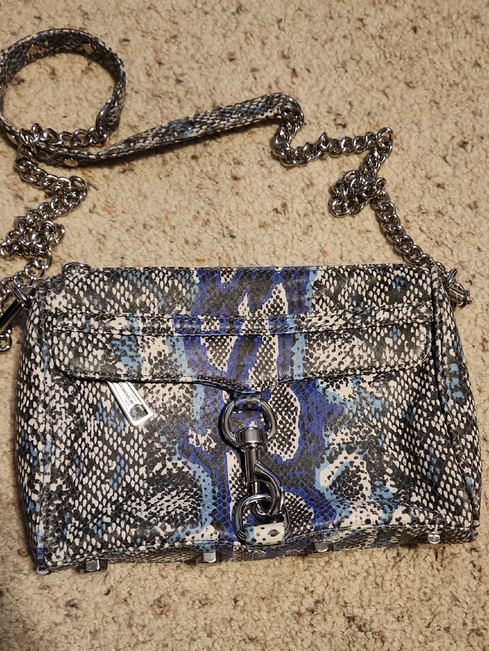 Authentic Rebecca Minkoff Leather Blue Snake Print Chain Strap Crossbody Handbag